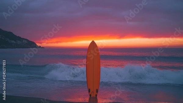 Fototapeta Vibrant sunrise over ocean with surfboard and gentle waves