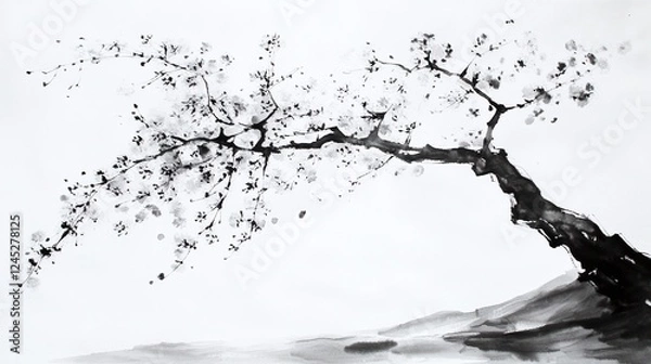 Obraz AI Generate A Classic Ink Wash Painting Of Cherry Blossoms Drifting In The Wind