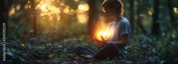 Fototapeta A person sitting cross-legged in a peaceful forest, hand on their chest, with a soft glow radiating from their heart, symbolizing deep listening.