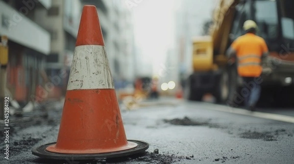 Obraz Traffic cone and construction site with male worker in orange vest