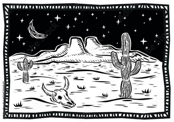 Fototapeta Typical desert landscape of America. Cactus, succulents, mountains, rocks, moon and stars. Vector illustration in woodcut or linocut style..eps