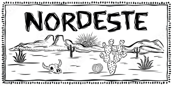 Fototapeta Typical desert landscape of the caatinga in northeastern Brazil. Cactus, mountains, rocks, ox skull and sunset. Illustration in the style of cordel, woodcut..eps