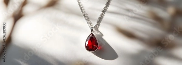 Obraz A delicate silver necklace with a teardrop-shaped red gem hanging from it, captured in a minimalist style with soft natural light highlighting the gem is beauty