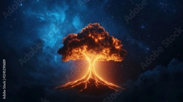 Fototapeta A glowing tree with fiery roots emerges against a starry night sky, symbolizing life and destruction in a dramatic cosmic landscape.