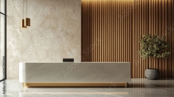 Obraz Stunning Modern Lobby Reception Design with Marble and Wood Accents