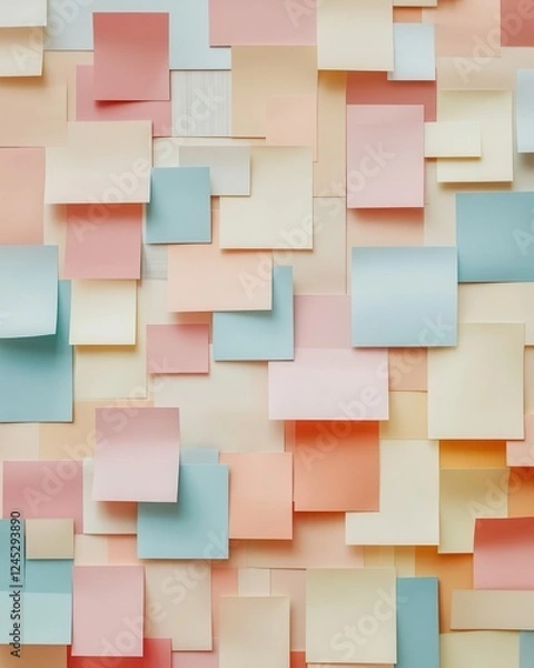 Fototapeta Bulletin Board Covered in Colorful Post-it Notes Representing Creative Business Ideas and Task Management, Flat Lay Composition