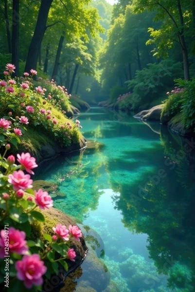 Obraz Peaceful scene of crystal clear water with blooming flowers and lush greenery, water, greenery