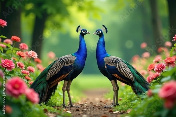 Obraz Peacocks in a symmetrical row amidst lush flowers and foliage, balance, flowers, wildlife
