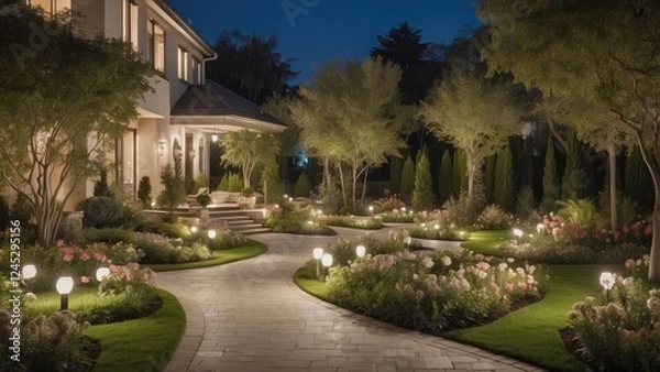 Fototapeta "Illustration of Modern Landscaping Design with Ambient Lighting and Illuminated Pathway in a Residential Garden at Night."