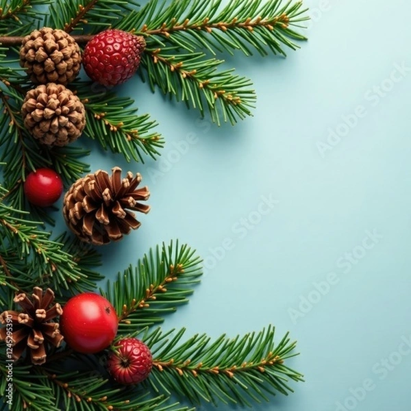Obraz Pine branches, pinecones and red berries create a whimsical winter atmosphere, decoration, whimsy