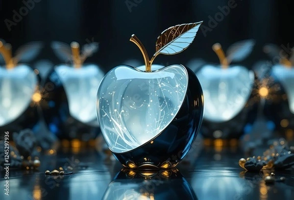 Fototapeta A glass apple with a golden stem and leaf, glowing white and black hues, surrounded by a dimly lit environment