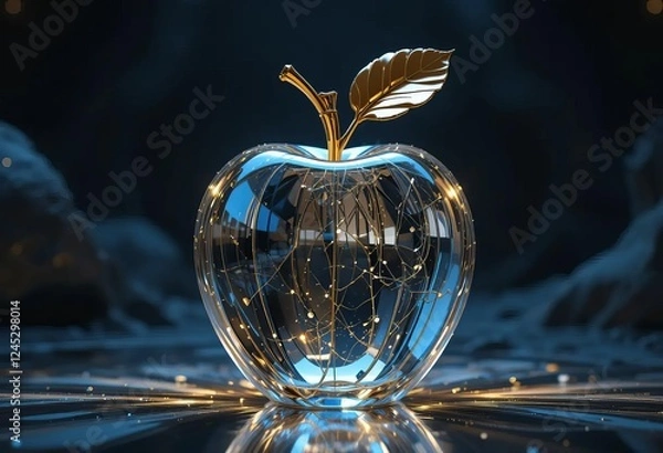 Fototapeta A glass apple with a golden stem and leaf, glowing white and black hues, surrounded by a dimly lit environment
