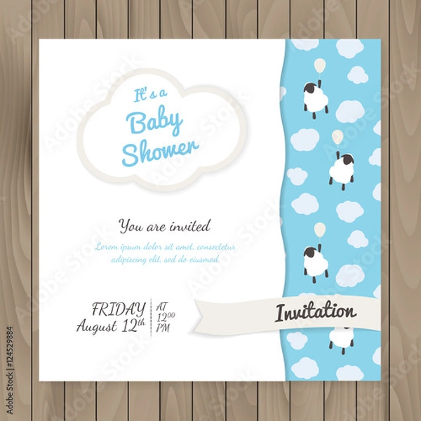 Fototapeta Vector template for design baby shower cards and invitations with cute sheep in clouds.