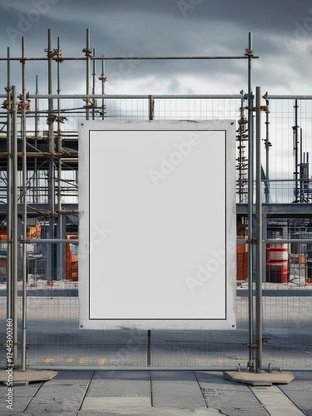 Obraz Empty Portrait Billboard on Site Fence – Industrial Background with Cloudy Sky & Urban Ambience