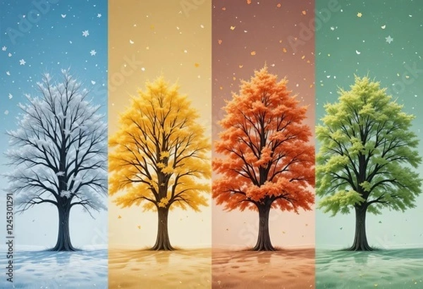 Obraz Four trees in different colors representing the four seasons against a transparent background.