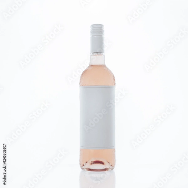 Obraz Frontal view of a clear glass bottle with rose wine with blanck white label for a mockup, on white background