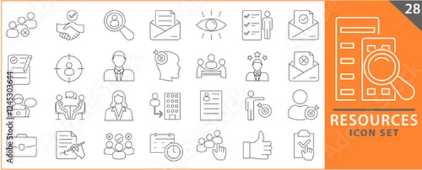 Fototapeta Human resource, icon set. Job hunting and employee search. Interview and recruitment, linear icons. team work, business people. set icons with editable stroke.