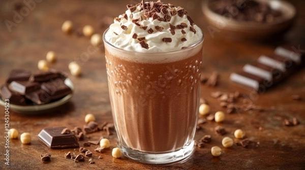 Fototapeta Chilled Chocolate Drink with Whipped Cream and Hazelnuts. Generative AI