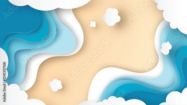 Obraz Sea beach aerial view. Top view of Beach. paper cut and craft style. vector, illustration.