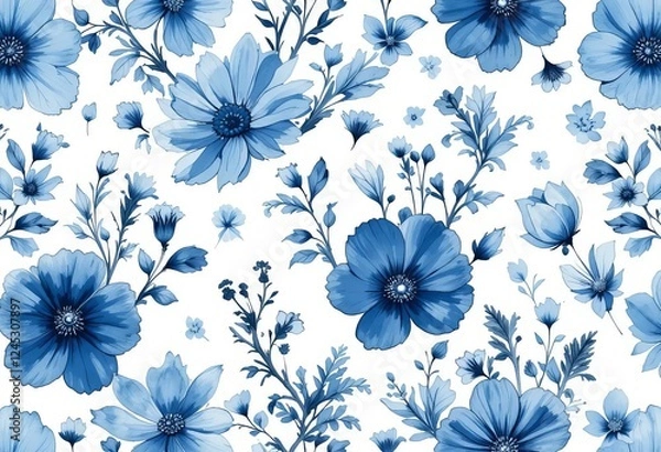 Fototapeta A seamless watercolor pattern with blue flowers on a rustic background