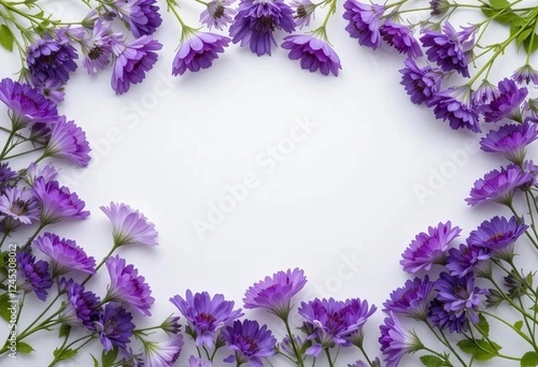 Obraz A top view of a white background with a frame made out of purple flowers