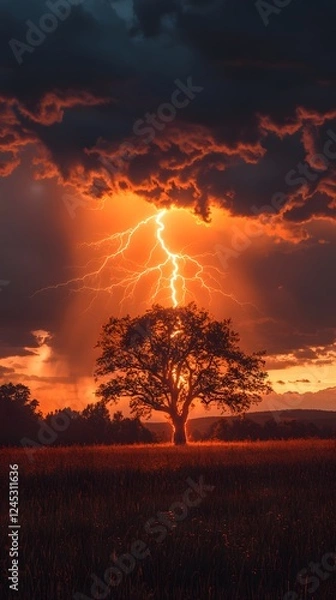 Fototapeta magical tree glowing as it gets hit by a bolt of lightning
