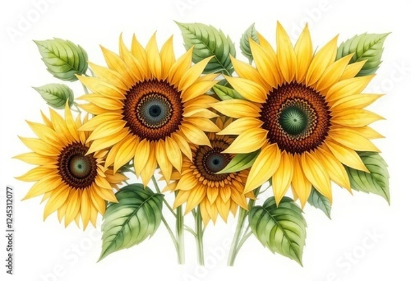 Obraz A watercolor painting of sunflowers and leaves on a white background