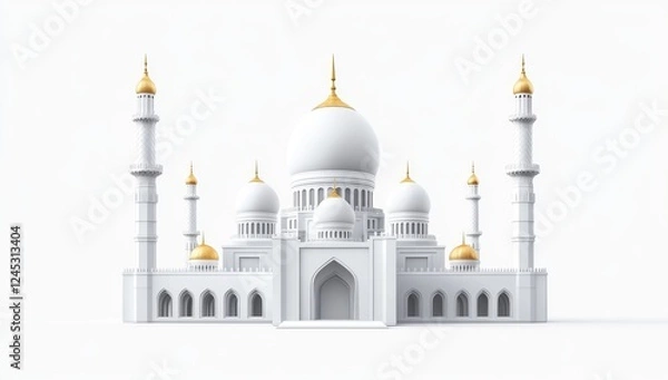 Fototapeta White Mosque 3D Model, Isolated, Islamic, Architecture, Render