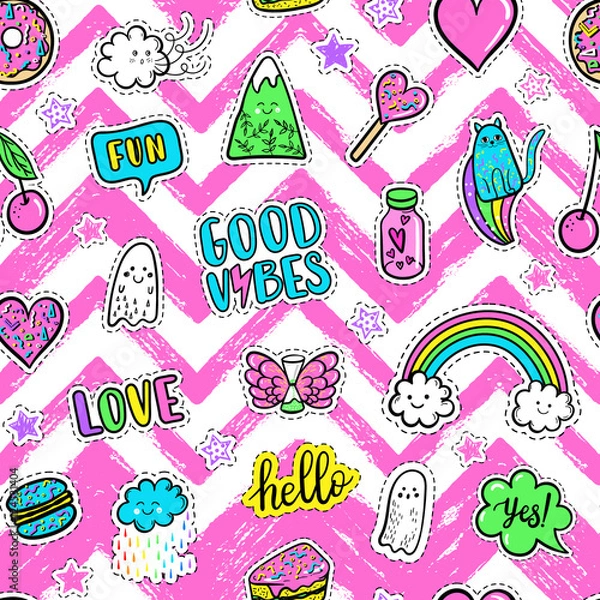 Fototapeta Vector hand drawn fashion pink color patches: rainbow, doughnut, mountain, cat, ghost, cloud, macaron, cake, lollipop, heart seamless pattern. Modern pop art sticker, patches pin, badge 80s-90s style