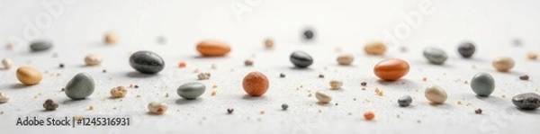 Fototapeta Pebbles scattered across a white linen surface in a haphazard manner, scatter, bohemian
