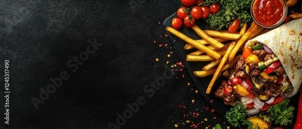 Fototapeta Homemade doner kebab with fries and veggies on a black backdrop- offering ample copy space