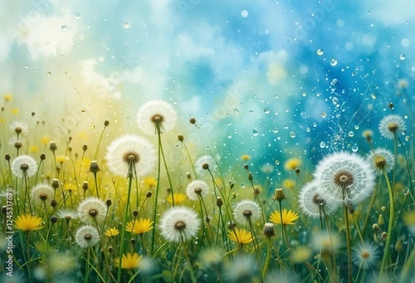 Fototapeta A watercolor painting of a field of dandelions with a blue sky and water droplets
