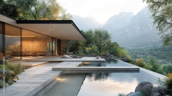 Fototapeta Contemporary villa with infinity pool overlooking mountains and lush nature. Generative AI