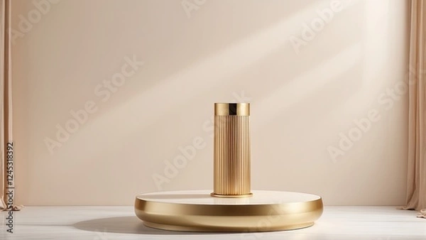 Fototapeta 2. "White Podium with Gold Top, Gently Lit by Sunlight"