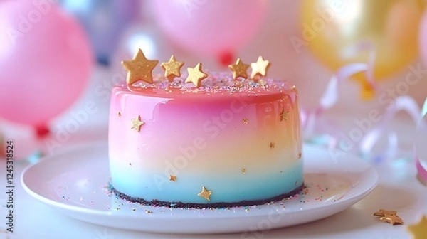 Fototapeta A sleek rainbow-themed mousse cake with a glossy mirror glaze, the colors blending seamlessly in a gradient, decorated with edible gold stars and confetti,