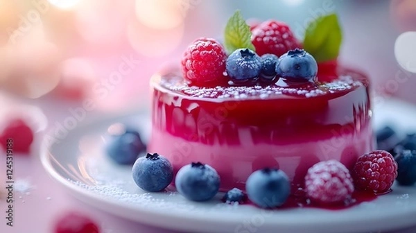 Fototapeta A stunning close-up of a red mirror glaze mousse cake with a vibrant finish, adorned with fresh blueberries and raspberries, placed on a white porcelain plate with a softly blurred pastel background.