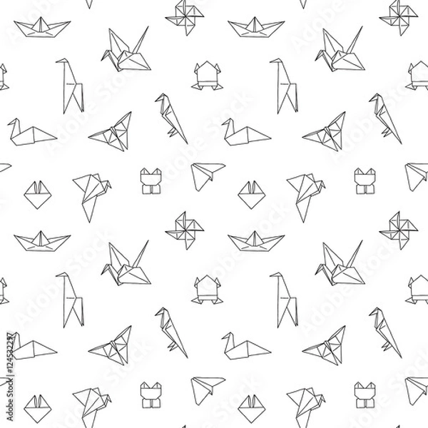 Fototapeta Black and White Cute Kids Seamless Pattern. Repetitive Texture with Hand Drawn Origami Animals and Objects. Vector Ink Doodle Baby Background. Cartoon Ornament