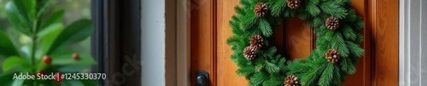 Obraz Pine wreath on wooden door adorned with evergreen branches and pinecones, decoration, wreath