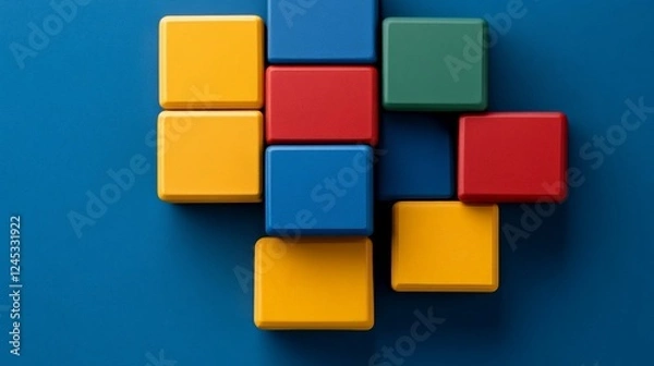 Fototapeta Building Blocks: A collection of colorful building blocks in various arrangements, representing concepts of construction, creativity, and interconnectedness against a smooth surface.