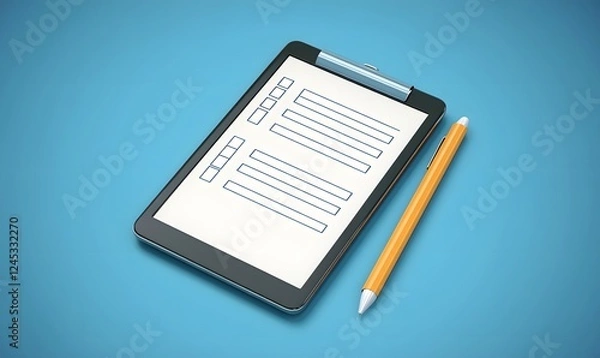 Fototapeta Checklist on tablet, stylus, blue background; for planning, task management, organization