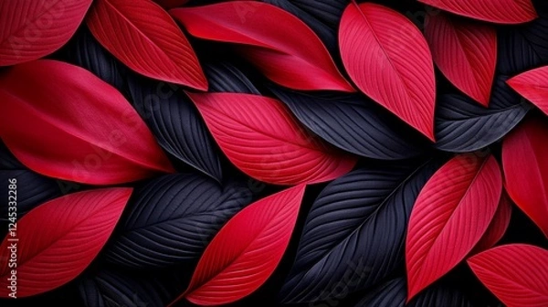Fototapeta Crimson Leaf Arrangement: A captivating, artistic close-up showcasing a layered composition of vibrant red leaves and sleek, dark leaves, forming an eye-catching pattern.