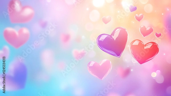 Fototapeta Colorful hearts floating in a dreamy background, symbolizing love and affection.