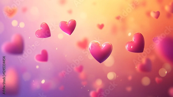 Fototapeta Colorful hearts floating in a dreamy background of soft hues and bokeh lights.