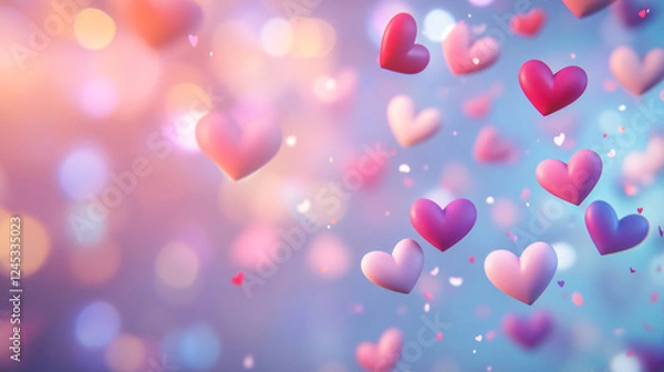 Fototapeta Colorful hearts floating in a dreamy background, symbolizing love and affection.