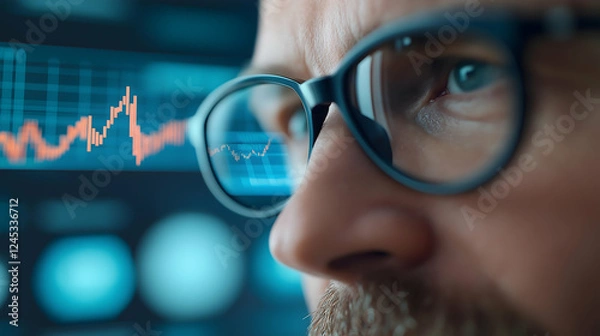 Fototapeta A focused individual analyzes data trends on a screen, showcasing modern technology and analytical skills in a professional environment.