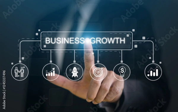 Fototapeta People with business growth strategy, digital transformation, financial success and technology corporate development, market expansion, entrepreneurship, investment, leadership and business management