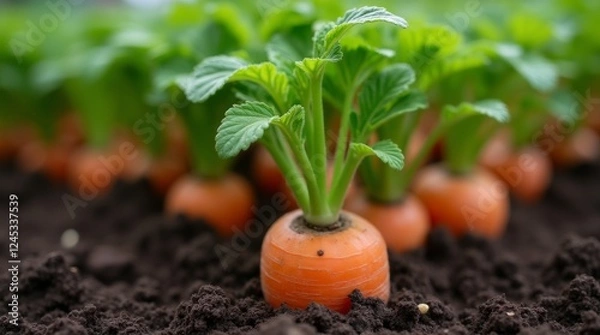 Fototapeta A close-up view of a carrot growing in soil, with its green leafy tops visible above the ground