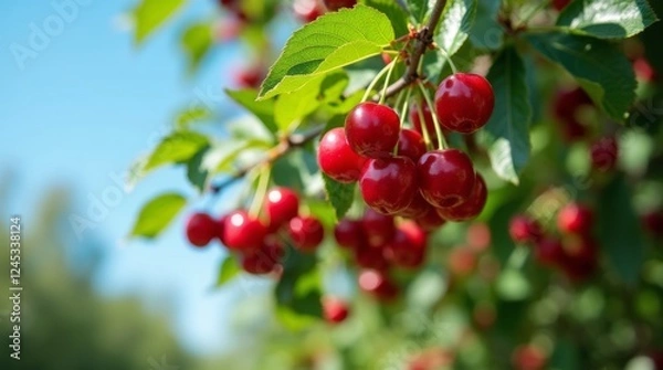 Fototapeta A lush cherry tree adorned with clusters of ripe, red cherries, set against a bright blue sky