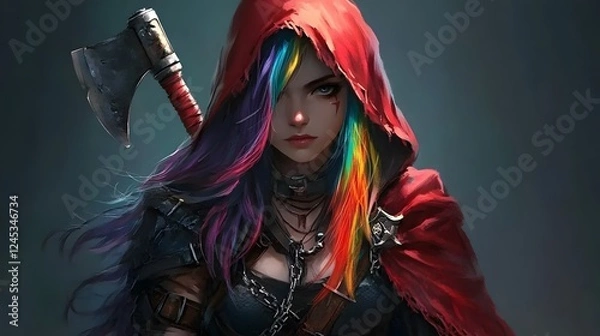 Fototapeta A beautiful young woman with vibrant rainbow-colored hair wearing a striking red hooded cloak, set in a futuristic cyberpunk world. The dark, neon-lit environment creates a mysterious and immersive