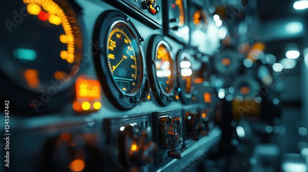Fototapeta detailed view of oil refinery control room with illuminated gauges and dials, showcasing intricate technology used in monitoring processes